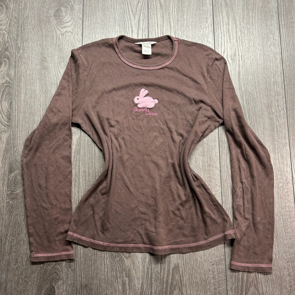 La Vie en Rose Brown Bunny Love Y2k Large Embroidered Long Sleeve Top Cotton